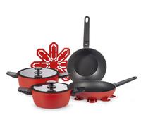 H&H Batteria Pentole 7 Pezzi Accord in Alluminio Coniato con Rivestimento Antiaderente Pfluon Rosso, Casseruole e Padelle con Coperchi in Vetro, Fondo Universale per Tutti i Piani Cottura