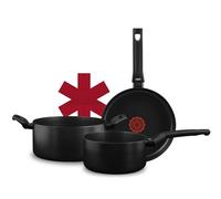 H&H Batteria Pentole 8 Pezzi Focus con Rivestimento Antiaderente Pfluon Nero, Casseruole, Padelle e Coperchi in Vetro con Silicone, Fondo Universale per Tutti i Piani di Cottura