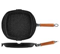 H&H Bistecchiera Pietra, Alluminio Pressofuso, Rivestimento Antiaderente 5 strati PFOA free con manico in legno estraibile cm 28