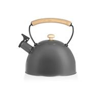 H&H Bollitore con Fischio, in Acciaio Inox, Antracite, Manico in Legno, 2,3Lt, Induzione