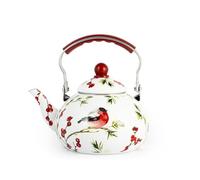 H&H, Bollitore Red Melody in Smalto Decorato con Pettirossi e Bacche Rosse - Capacità 2,5 Litri, Adatto a Tutti i Piani Cottura Inclusi Induzione