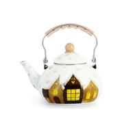 H&H Bollitore Smaltato 2,8 L con Decoro Casette Cozy, Adatto a Induzione, Perfetto per Casa in Montagna e Periodo Invernale-Natalizio, Ideale per servire Vin Brulè e Uso Professionale