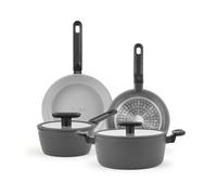H&H by Bruno Barbieri - Batteria di Pentole Explore, 6 Pezzi - Alluminio con Rivestimento Antiaderente, Padelle e Casseruole, Coperchio in Vetro con Silicone, Adatta a Tutti i Piani Cottura