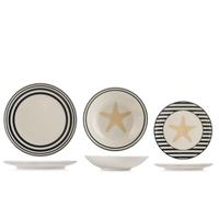 H&H Calypso Servizio Tavola 18 Pezzi in Stoneware Decorato, Set Piatti Completo per 6 Persone, Design Coastal con Stella Marina e Righe Blu, Ideali per Estate e Case al Mare, Lavastoviglie e Microonde
