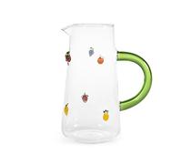 H&H, Caraffa in Vetro Borosilicato 1,6 L con Miniature Esterne Fruttate Assortite - Ciliegie, Fragola, Uva, Limone, Pesca, Ananas - Manico Verde - Lavabile in Lavastoviglie