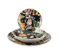 H&H Caroline Servizio Tavola, 18 Pezzi in Porcellana, Nero, Floreale