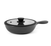 H&H Casseruola Omega 1 Manico in Stoneware Nero da 24 cm con Coperchio in Vetro, Valvola di Sfiato Vapore e Inserti in Silicone Soft Touch - Resistente a Sbalzi Termici, Lavabile in Lavastoviglie