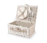 H&H, cestino picnic, set picnic per 2 persone, bianco, con piatti, set posate, bicchieri, apribottiglie, dimensioni 36x26x16 cm