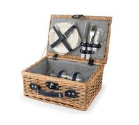 H&H, cestino picnic, set picnic per 2 persone, righe bianche e blu, con piatti, set posate, bicchieri, apribottiglie, dimensioni 36x26x16 cm