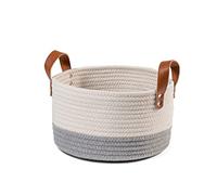 H&H Cesto in Cotone Bianco e Grigio con Manici in Ecopelle Tondo 30x18hcm