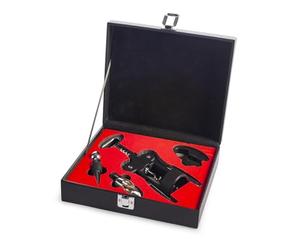 H&H Cofanetto Sommelier in PVC Nero - Set 5 Pezzi con Levatappi a Doppia Leva, Tagliacapsule, Tappo Salvagusto e Tappo Versatore