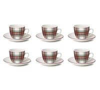 H&H Confezione 6 Tazze da Caffè con Piattino in Porcellana Decorata Tartan - 110 cc - Lavabili in Lavastoviglie e Utilizzabili nel Microonde