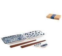 H&H Confezione 8 Pezzi Sushi Tsubaki in Porcellana Decorata, 2 Piatti Rettangolari 18x9,5 cm, 2 Coppie Bacchette in Legno, 2 Appoggia Bacchette in Porcellana, Microonde e Lavastoviglie