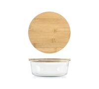 H&H Contenitore in Vetro Tondo con Coperchio in Bambù - 1300 ml, Ø 20 cm - Ermetico, Lavabile in Lavastoviglie, Uso in Forno e Microonde (senza coperchio)