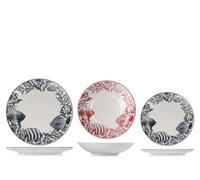 H&H Corallia Servizio Tavola 18 Pezzi in Stoneware Decorato, Set Piatti Completo per 6 Persone, Design Marino con Pesci e Coralli Blu e Rossi, Ideali per Estate e Case al Mare