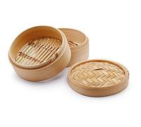 H&H Cuocivapore in Bambù, 2 Piani, con Coperchio - Cestello per Cottura a Vapore, 20 cm - Ideale per Carne, Pesce, Verdura e Ravioli