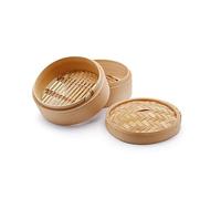 H&H - Cuocivapore Orientale in Bambù Naturale, 2 Livelli con Coperchio, Ø 14.5 cm, Cestello per Cottura a Vapore