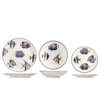 H&H Harbor Servizio Tavola 18 Pezzi in Stoneware Decorato, Set Piatti Completo per 6 Persone, Design Marino con Decorazione Pesci, Ideale per Estate, Case al Mare, Lavastoviglie e Microonde