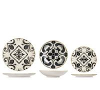 H&H Helena Servizio Tavola 18 Pezzi in Stoneware Decorato, Set Piatti Completo per 6 Persone, Design Optical Nero e Avorio Ispirato alle Maioliche Artigianali