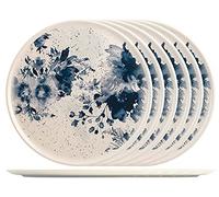 H&H Indigo Set 6 Piatti Pizza e Portata in Stoneware 32 cm, Decoro Floreale Blu Effetto Acquerello, Lavastoviglie e Microonde