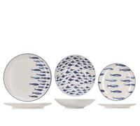 H&H Ionic Servizio Tavola 18 Pezzi in Stoneware Decorato, Set Piatti Completo per 6 Persone, Design Marino con Pesci Blu, Ideale per Estate e Case al Mare, Lavastoviglie e Microonde