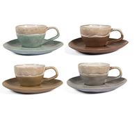 H&H Malika Set 4 Tazze Tè con Piattino, Stoneware, Colori Assortiti, 180 ml