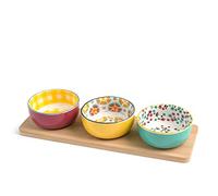 H&H Mix&Match Set 3 Coppette in Stoneware Decorate, 9cm, con Base Rettangolare in bambù