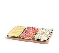 H&H Mix&Match Set 3 Piattini in Porcellana Decorata, 12x7cm con Base in bambù Rettangolare