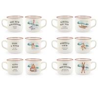 H&H Mountain Set 6 Tazze Jumbo in New Bone China, 410cc, Decoro Invernale, Colazione