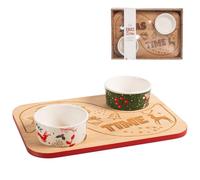 H&H Natale Set Antipastiera 2 Coppe Porcellana, Base Bambù, 28X20cm