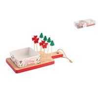 H&H Natale Set Antipastiera Coppetta Porcellana, Base Bambu' e 8 Stecchi Natalizi, 14,5X10cm