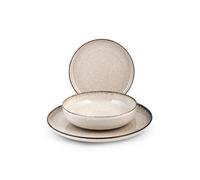 H&H - Servizio Piatti 12 Pezzi Pearl in Porcellana Avorio - Elegante con Bordo Invecchiato - 4 Piatti Piani, 4 Fondi, 4 da Frutta - Lavabile in Lavastoviglie e Adatto al Microonde