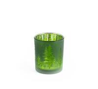 H&H Porta Tealight in Vetro, Decoro Verde Bosco, 7x8cm