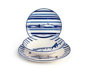 H&H Puerto Servizio Tavola 18 Pezzi in Stoneware - Set Piatti Decorati Blu e Azzurro con Motivo Pesce - Lavabile in Lavastoviglie, Perfetto per Estate, Case al Mare e Cene a Tema