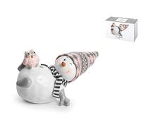H&h pupazzo di neve in ceramica sdraiato colore grigio e rosa cm19