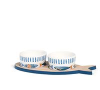 H&H Seaside Set 2 Coppette in Porcellana Decorata, 8,5cm, su Base in bambù