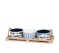 H&H Seaside Set 3 Coppette in Stoneware Decorata, 8,5cm, su Vassoio in Legno con Manici in Corda