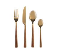 H&H Servizio 24 Posate Tavola Sylva in Acciaio Inox Oro Lucido, Manico in ABS Effetto Legno - 6 Cucchiai, 6 Forchette, 6 Coltelli, 6 Cucchiaini - Lavabili in Lavastoviglie