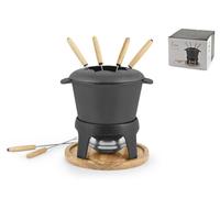 H&H Servizio Fonduta 11 Pezzi in Ghisa Smaltata Nera con Base in Legno Chiaro - Completo di Casseruola, Piedistallo, Forchettine e Fornello a Pasta Combustibile