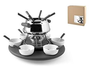 H&H Servizio Fonduta 23 Pezzi, Acciaio Inox, Base Legno