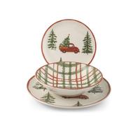 H&H Servizio Piatti Natalizio 12 Pezzi Adventure in Stoneware Decorato - Motivo Pini Innevati e Furgoncino Rosso - 4 Piani, 4 Fondi, 4 Frutta - Lavabile in Lavastoviglie e Adatto al Microonde