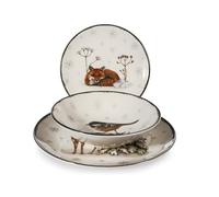 H&H Servizio Piatti Natalizio 18 Pezzi Wild Spirits in Stoneware Decorato - Con Illustrazioni di Animali tra la Neve - 6 Piani, 6 Fondi, 6 Frutta - Lavabile in Lavastoviglie e Adatto al Microonde