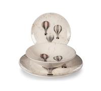 H&H Servizio Piatti Natalizio/Invernale/Autunnale 18 Pezzi Frosty Sky in Stoneware Decorato - Con Mongolfiere - 6 Piani, 6 Fondi, 6 Frutta- Lavabile in Lavastoviglie e Adatto al Microonde