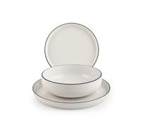 H&H, Servizio Tavola 12 Pezzi Essence Black in Porcellana Bianca con Bordo Nero - Piatti Piani, Fondi e Frutta, Adatto per Lavastoviglie e Microonde