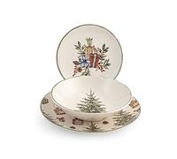 H&H Servizio Tavola 18 Pezzi Christmas Carol - Piatti in Stoneware Natalizi, Forma Coupe Elegante, Include Piatti Piani, Fondi e da Frutta - Stoviglie Natalizie per Casa, Feste, Regalo