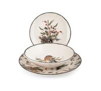 H&H, Servizio tavola 18 pezzi Melody, set tavola natalizio, decoro pettirosso, in stoneware, lavabile in lavastoviglie