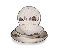 H&H Servizio Tavola 18 Pezzi Warm Wishes in Stoneware Decorato - Stile Invernale e Natalizio - Piatti Beige e Mocha con Casette e Alberi - Lavabile in Lavastoviglie, Microonde - Ø 26, 20,5, 20 cm