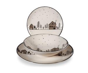 H&H Servizio Tavola 18 Pezzi Warm Wishes in Stoneware Decorato - Stile Invernale e Natalizio - Piatti Beige e Mocha con Casette e Alberi - Lavabile in Lavastoviglie, Microonde - Ø 26, 20,5, 20 cm