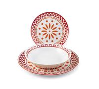 H&H Servizio Tavola Kora 18 Pezzi in Porcellana Decorata - Piatti Piani, Fondi e Frutta con Decorazioni Rosse e Arancioni - Adatto Lavastoviglie e Microonde, Idea Regalo Perfetta