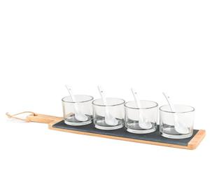 H&H Set 10 Pezzi Happy Hour - Base in Bambù con 4 Ciotoline in Vetro, 4 Cucchiaini in Porcellana, Vassoio in Bambù e Piattino in Ardesia - Perfetto per Aperitivi, Finger Food e Degustazioni